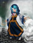  1girl blue_eyes blue_hair clenched_hand colored_eyelashes date8619 full_body holding hood jewelry kesa kumoi_ichirin long_hair long_sleeves necklace open_mouth pendant rain socks standing touhou ufo unzan wet wide_sleeves 