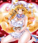  1girl apron at_classics bare_legs blonde_hair bowl breasts brown_eyes chocolate chocolate_on_face fox_tail hat heart large_breasts light_smile multiple_tails naked_apron sample sandals solo tail touhou traditional_media yakumo_ran 