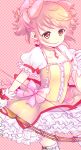  1girl alice_(nh2) bow_(weapon) checkered checkered_background colored flat_chest highres kaname_madoka mahou_shoujo_madoka_magica pink_eyes pink_hair short_hair smile solo weapon 