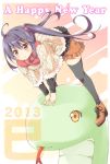  1girl 2013 ahoge black_hair black_legwear happy_new_year new_year red_eyes scrunchie shoes smile snake solo thigh-highs translated twintails umino_tomo zettai_ryouiki 