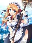  1girl blonde_hair blue_eyes breasts cleavage female maid mauve mop original solo thigh-highs 