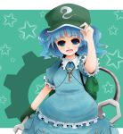  1girl adjusting_hat arano_oki backpack bag blue_eyes blue_hair blush cap claws extra_arms hair_bobbles hair_ornament hat kawashiro_nitori key open_mouth short_hair skirt smile solo touhou twintails wrench 