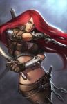  1girl aqua_eyes belt blade breasts cleavage katarina_du_couteau league_of_legends lips navel noa_ikeda redhead scar solo 