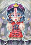  1girl blouse blue_eyes blue_hair fang fingernails grey_background hat looking_at_viewer marker_(medium) millipen_(medium) miyako_yoshika navel ofuda open_mouth outstretched_arms ponpoko short_sleeves skirt solo star tombstone touhou traditional_media zombie_pose 