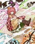  1girl apron bell book boots checkered cross-laced_footwear hair_bell hair_ornament holding lace-up_boots long_sleeves motoori_kosuzu open_mouth phonograph pink_hair red_eyes ringetsumon skirt solo touhou twintails wide_sleeves 