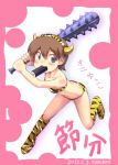  aioi_yuuko bikini boots brown_eyes brown_hair club hairband horns kazuboh knee_boots makizushi mouth_hold nichijou setsubun short_hair spiked_club sushi swimsuit tiger_print weapon 