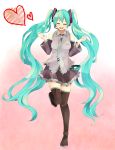  1girl akatsuki_(at_smt) boots closed_eyes detached_sleeves green_hair hatsune_miku headset heart highres long_hair necktie open_mouth skirt solo thigh-highs thigh_boots twintails very_long_hair vocaloid 