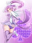  1girl arm_warmers bow cure_sword curly_hair dokidoki!_precure gradient gradient_background hair_ornament hairpin kenzaki_makoto looking_back magical_girl miniskirt nakoshe panties ponytail precure purple purple_background purple_hair purple_legwear purple_panties ribbon short_hair skirt smile solo spade sparkle standing_on_one_leg thigh-highs underwear violet_eyes white_background 