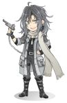  1boy ahoge boots coat earrings final_fantasy final_fantasy_viii fingerless_gloves gloves grey_eyes grey_hair gun hand_on_hip jewelry looking_at_viewer machine_gun male necklace open_mouth personification scarf shinzui_(fantasysky7) simple_background smile solo weapon white_background 