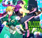  2boys blonde_hair blue_eyes bola_(weapon) boots bubble caesar_anthonio_zeppeli facial_mark fingerless_gloves gloves green_eyes green_jacket headband jacket jojo_no_kimyou_na_bouken joseph_joestar_(young) midriff multiple_boys purple_hair rowya scarf title_drop 