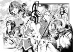  4girls 6+boys between_fingers circlet clenched_teeth culgan dual_wielding eilie everyone flik gensou_suikoden gensou_suikoden_ii hairband headband jillia_blight jowy_atreides-blight long_hair luca_blight lucia_(suikoden) monochrome multiple_boys multiple_girls nanami riou scarf seed_(suikoden) short_hair shu_(suikoden) staff tonfa true_rune viktor wataringo weapon whip 