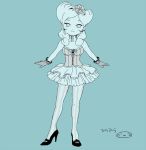  1girl beta_(inazuma_eleven) dress flower gloves hair_flower hair_ornament high_heels inazuma_eleven_(series) inazuma_eleven_go inazuma_eleven_go_chrono_stone looking_at_viewer mizuhara_aki monochrome shoes simple_background smile solo standing 