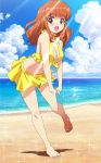  1girl beach bikini bikini_skirt clouds frilled_bikini frills front-tie_top girls_und_panzer hands_clasped long_hair looking_at_viewer ocean open_mouth orange_eyes orange_hair radeon-hd5770x2 sky smile solo standing swimsuit takebe_saori yellow_bikini 