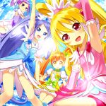  4girls aida_mana arm_up arm_warmers armpits blonde_hair blue_background blue_eyes blue_hair bow brown_eyes brown_hair buntan cure_diamond cure_heart cure_rosetta cure_sword dokidoki!_precure double_bun hair_ornament hair_ribbon hairpin half_updo hishikawa_rikka kenzaki_makoto long_hair magical_girl multiple_girls panties pink_eyes ponytail precure purple_hair ribbon short_hair skirt smile twintails underwear violet_eyes white_panties yotsuba_alice 