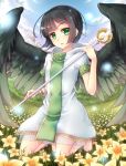  1girl flower green_eyes looking_at_viewer outdoors shintani_tsushiya short_hair sky solo wings 