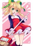  1girl :d blonde_hair boots broom dress green_eyes hair_ribbon long_hair long_sleeves looking_at_viewer open_mouth petticoat ponytail ribbon rockman rockman_(classic) roll smile solo standing thigh_gap thighs turtleneck yukiwo 
