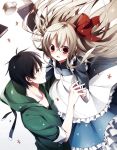  1boy 1girl black_hair blush book couple cup dress flower hoodie interlocked_fingers jewelry kagerou_project key long_hair mary_(kagerou_project) necklace nishina_(alive001) petals red_eyes seto_(kagerou_project) short_hair silver_hair souzou_forest_(vocaloid) 