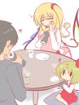 1boy 2girls ? apron ascot cup cushion father_and_daughter flandre_scarlet gomasamune long_hair makizushi mother_and_daughter multiple_girls no_hat no_headwear plate short_hair side_ponytail sitting sushi table touhou wariza wings |_| 