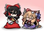  2girls ascot bandaid belt black_eyes black_hair blonde_hair blush bow chibi closed_eyes detached_sleeves fang hair_bow hair_tubes hakurei_reimu horn_ribbon horns ibuki_suika long_hair long_sleeves looking_at_viewer multiple_girls oni open_mouth ribbon shirt sitting skirt skirt_set smile touhou very_long_hair wide_sleeves yanagi_(nurikoboshi) 