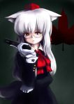  1girl alternate_hair_length alternate_hairstyle animal_ears ascot bespectacled chipika glasses gloves gun hat inubashiri_momiji leaf long_hair maple_leaf open_mouth red_eyes solo tail tokin_hat touhou weapon white_gloves white_hair wolf_ears wolf_tail 