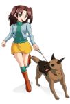  1girl boots brown_eyes brown_hair collar dog leash leg_up looking_back looking_down open_mouth pinky_out running ryumage simple_background skirt smile tongue tongue_out two_side_up white_background 