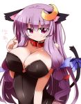  1girl :&lt; alternate_costume animal_ears bare_shoulders black_legwear blush breasts cat_ears cat_tail cleavage collar crescent fishnet_pantyhose fishnets hair_ribbon highres kemonomimi_mode large_breasts long_hair looking_at_viewer pantyhose patchouli_knowledge purple_hair ribbon shirogane_(platinum) simple_background solo tail tail_bow touhou violet_eyes white_background 