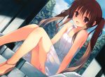  1girl artist_request brown_eyes brown_hair dress happy highres legs long_hair open_mouth panties sandals sitting smile solo striped striped_panties twintails underwear 