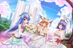  3girls alternate_costume alternate_headwear bare_shoulders belt blue_hair blue_sky bouquet bow breasts bride bridge bush castle cherry_blossoms cleavage clouds collarbone cup dress east_asian_architecture elbow_gloves flower food fruit gloves grass hair_bow hair_ribbon hand_on_own_chest headband hinanawi_tenshi horn_ribbon horns ibuki_suika leaf light_smile long_hair looking_at_viewer multiple_girls nagae_iku off_shoulder open_mouth peach pillar red_eyes ribbon rose ruins short_hair short_sleeves shuizao_(little_child) sky skybridge sleeveless torii touhou tree veil wedding_dress white_dress wine_glass wrist_cuffs 
