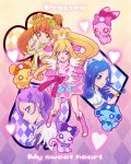  4girls aida_mana argyle argyle_background arm_warmers blonde_hair blue_eyes blue_hair boots bracelet brown_eyes brown_hair choker clubs creature cure_diamond cure_heart cure_rosetta cure_sword curly_hair dabyi_(dokidoki!_precure) diamond_(shape) dokidoki!_precure double_bun earrings flower gradient gradient_background hair_flower hair_ornament hair_ribbon hairpin half_updo heart heart_hands hishikawa_rikka hyt178 jewelry kenzaki_makoto lance_(dokidoki!_precure) long_hair magical_girl multiple_girls pink_background pink_eyes ponytail precure purple_background purple_hair raquel_(dokidoki!_precure) ribbon sharuru_(dokidoki!_precure) short_hair skirt smile spade twintails violet_eyes wrist_cuffs yellow_background yotsuba_alice 