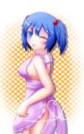  1girl :p absurdres apron blue_eyes blue_hair blush_stickers breasts checkered checkered_background hair_bobbles hair_ornament heart heart_of_string highres kawashiro_nitori looking_at_viewer naked_apron no_hat no_headwear oohirakeisuke short_hair sideboob tongue touhou twintails wink 