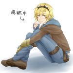  1boy belt blonde_hair blue_eyes earrings ezreal facial_mark finger_to_mouth fingerless_gloves gloves goggles goggles_on_head jewelry league_of_legends male pants setokaiya shoes short_hair sitting 