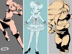  3girls beta_(inazuma_eleven) breasts dress flower hair_flower hair_ornament hair_over_one_eye high_heels inazuma_eleven_(series) inazuma_eleven_go inazuma_eleven_go_chrono_stone large_breasts long_hair looking_at_viewer mizuhara_aki monochrome multiple_girls orca_(inazuma_eleven) protocol_omega reiza shoes simple_background smile standing 