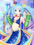  1girl alternate_costume aqua_hair arm_warmers blue_eyes blush breasts cleavage fingernails gradient_hair jewelry league_of_legends midriff multicolored_hair nail_polish necklace open_mouth purple_hair ricka0314 skirt solo sona_buvelle star 
