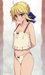  1girl absurdres ahoge arms_behind_back blonde_hair camisole character_name collarbone fate/stay_night fate_(series) green_eyes highres morii_shizuki panties saber smile solo underwear 