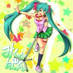  1girl bracelet character_name earrings garters green_eyes green_hair hatsune_miku jewelry kneehighs long_hair microphone microphone_stand open_mouth outstretched_arm skirt solo star takeru twintails very_long_hair vocaloid wink 
