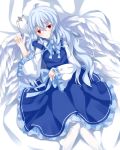  1girl ahoge angel_wings blue_hair cross dress long_hair long_sleeves lying multiple_wings nanatuki13 on_back pantyhose red_eyes sariel solo touhou touhou_(pc-98) white_legwear wings 