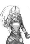  1girl armor breastplate cosplay faulds final_fantasy final_fantasy_xii full_armor glasses horn judge kneesocks_(psg) long_hair noth panty_&amp;_stocking_with_garterbelt pointing pointing_at_viewer ponytail solo 