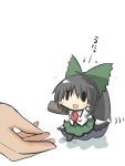  1girl :3 black_hair blush_stickers bow cape gomasamune hair_bow long_hair minigirl open_mouth outstretched_arms ponytail reiuji_utsuho skirt smile solid_oval_eyes third_eye touhou unyu wings 