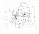  1girl adjusting_glasses bespectacled blush glasses green_eyes hinomoto_madoka mizuhashi_parsee monochrome sketch solo spot_color touhou wavy_mouth 