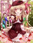 1girl adapted_costume blonde_hair flandre_scarlet flower hair_ribbon hat looking_at_viewer nanase_nao open_mouth outstretched_hand petals red_eyes ribbon shirt short_hair side_ponytail sitting skirt skirt_set smile solo thigh-highs touhou white_legwear wings 