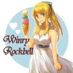 1girl belt blonde_hair blue_eyes bow breasts character_name cleavage earrings food fullmetal_alchemist hair_bow heart holding ice_cream ice_cream_cone jewelry long_hair polka_dot polka_dot_background ponytail riru smile solo winry_rockbell 