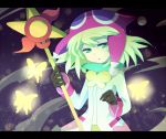  1girl amitie blonde_hair butterfly gloves green_eyes hat jacket komeichou-69 letterboxed magic purple_background puyopuyo puyopuyo_fever short_hair solo staff 
