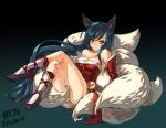  1girl ahri animal_ears blue_hair breasts censor_tail cleavage crossed_legs dated detached_sleeves fox_ears fox_tail highres junkpuyo league_of_legends long_hair low-tied_long_hair multiple_tails sitting smile socks solo tail very_long_hair whiskers yellow_eyes 