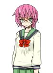 1girl character_request glasses green_eyes pink_hair saiki_kusuo_no_psi_nan school_uniform seki_(red_shine) serafuku short_hair solo 