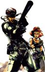  1boy 1girl bandana brown_hair meryl_silverburgh metal_gear metal_gear_solid mk23 shinkawa_youji short_hair sneaking_suit solid_snake suppressor tank_top weapon 