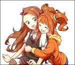  2girls brown_hair closed_eyes guwatefu hair_bobbles hair_ornament hair_ribbon hairband hug idolmaster minase_iori multiple_girls open_mouth orange_hair red_eyes ribbon takatsuki_yayoi twintails 