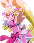 1girl aida_mana arm_warmers bike_shorts blonde_hair bow clenched_hand cure_heart curly_hair dokidoki!_precure half_updo long_hair magical_girl outstretched_hand pink_eyes ponytail precure ribbon shorts_under_skirt skirt smile solo tj-type1 white_background 