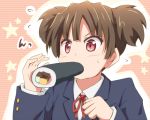  1girl brown_hair eating k-on! makizushi red_eyes riai_(onsen) school_uniform short_hair short_twintails sushi suzuki_jun twintails 