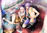  1boy 1girl anklet arm_wrap barefoot blue_eyes boots bracelet brown_eyes couch egyptian hieroglyphics irono_yoita jewelry kamui_gakupo knee_boots kneeling leg_wrap long_hair looking_at_viewer megurine_luka off_shoulder pink_hair ponytail purple_hair sheath sheathed smile sword vambraces very_long_hair vocaloid weapon 