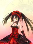  1girl absurdres bare_shoulders black_hair breasts cleavage clock clock_eyed date_a_live dress hairband heterochromia highres inorin lolita_fashion lolita_hairband long_hair looking_at_viewer red_eyes ribbon smile solo tagme tokisaki_kurumi twintails yellow_eyes 